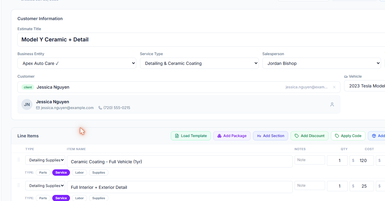 FinishBay estimate with packages, add-ons and totals
