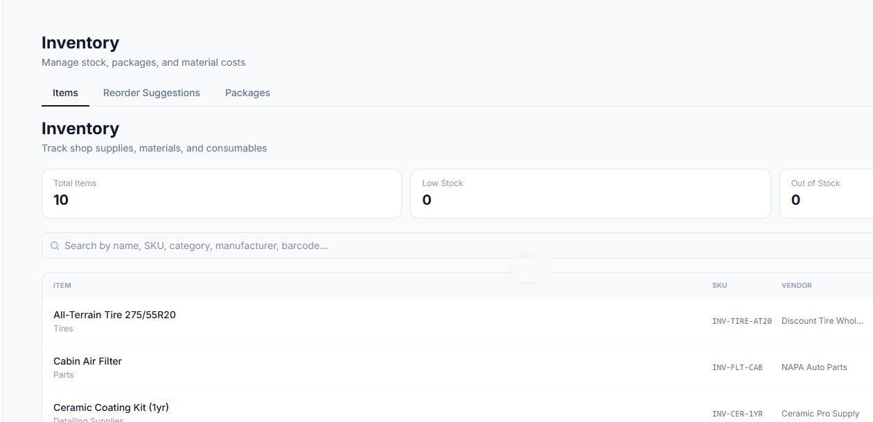 FinishBay inventory with stock levels, vendors and reorder points