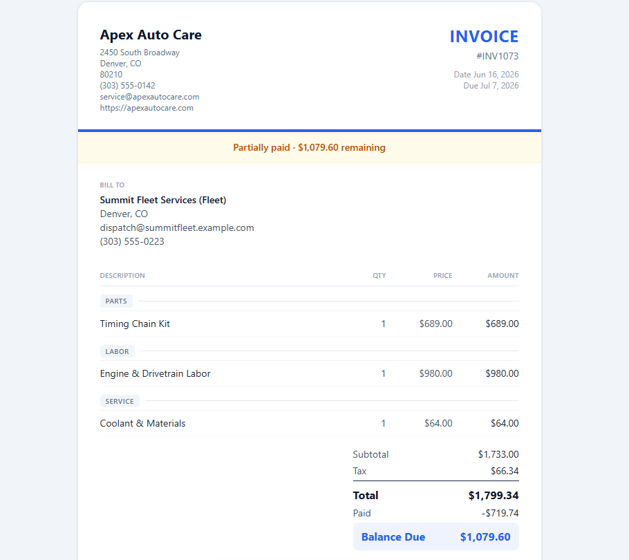 FinishBay branded customer invoice itemized by parts, labor and service with balance due