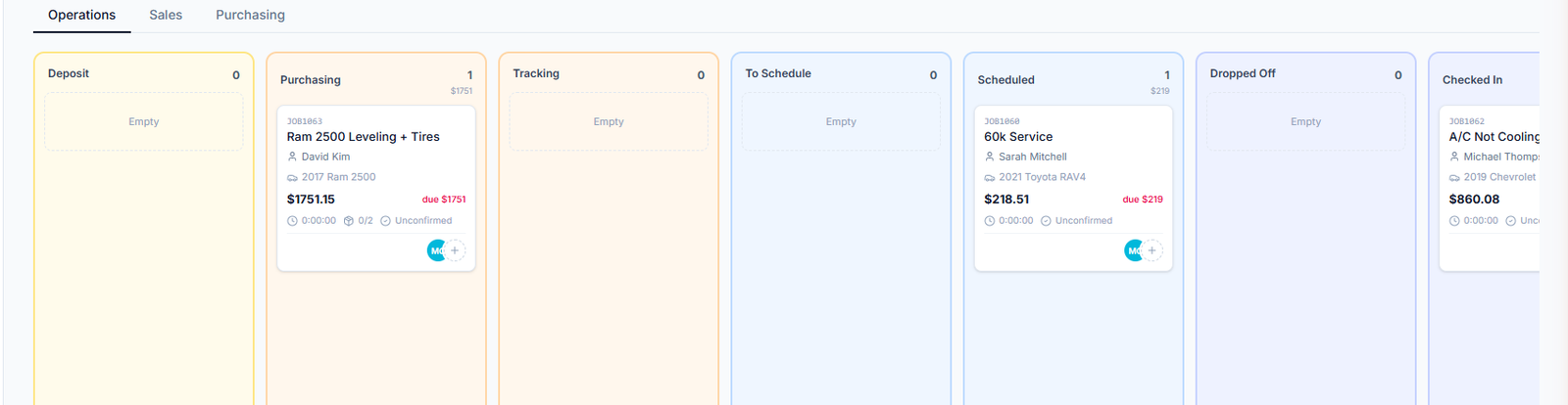 FinishBay live jobs workboard with kanban columns