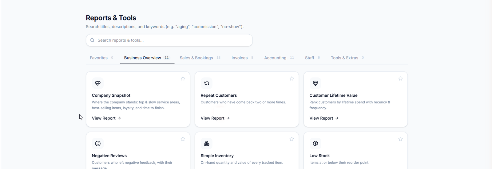 FinishBay reports hub with report categories and cards